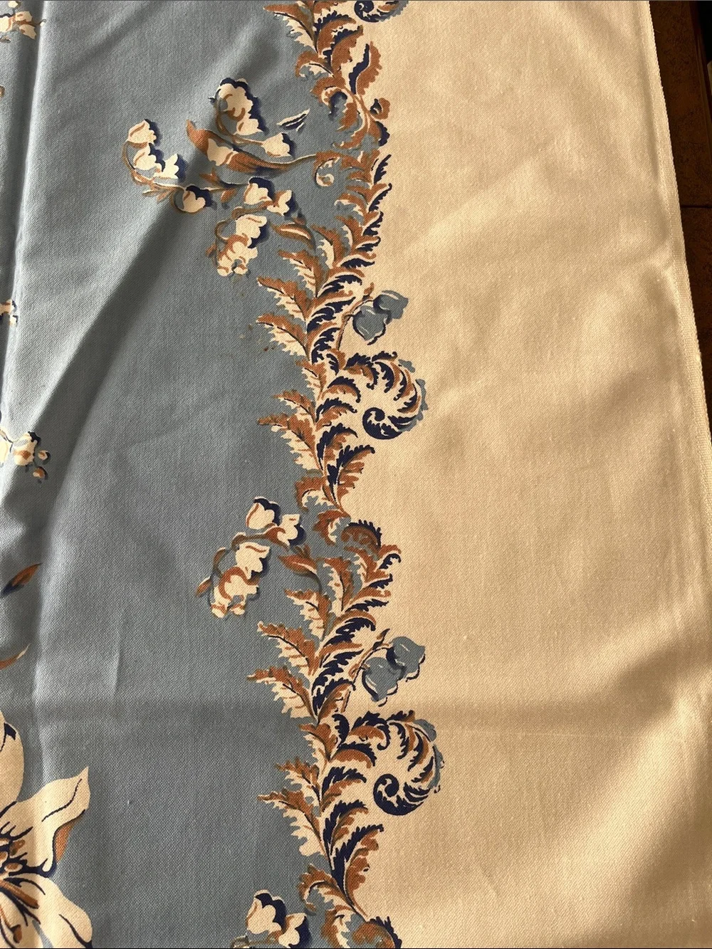 Vintage Blue and Cream Floral Border Tablecloth, approx 59”x79”